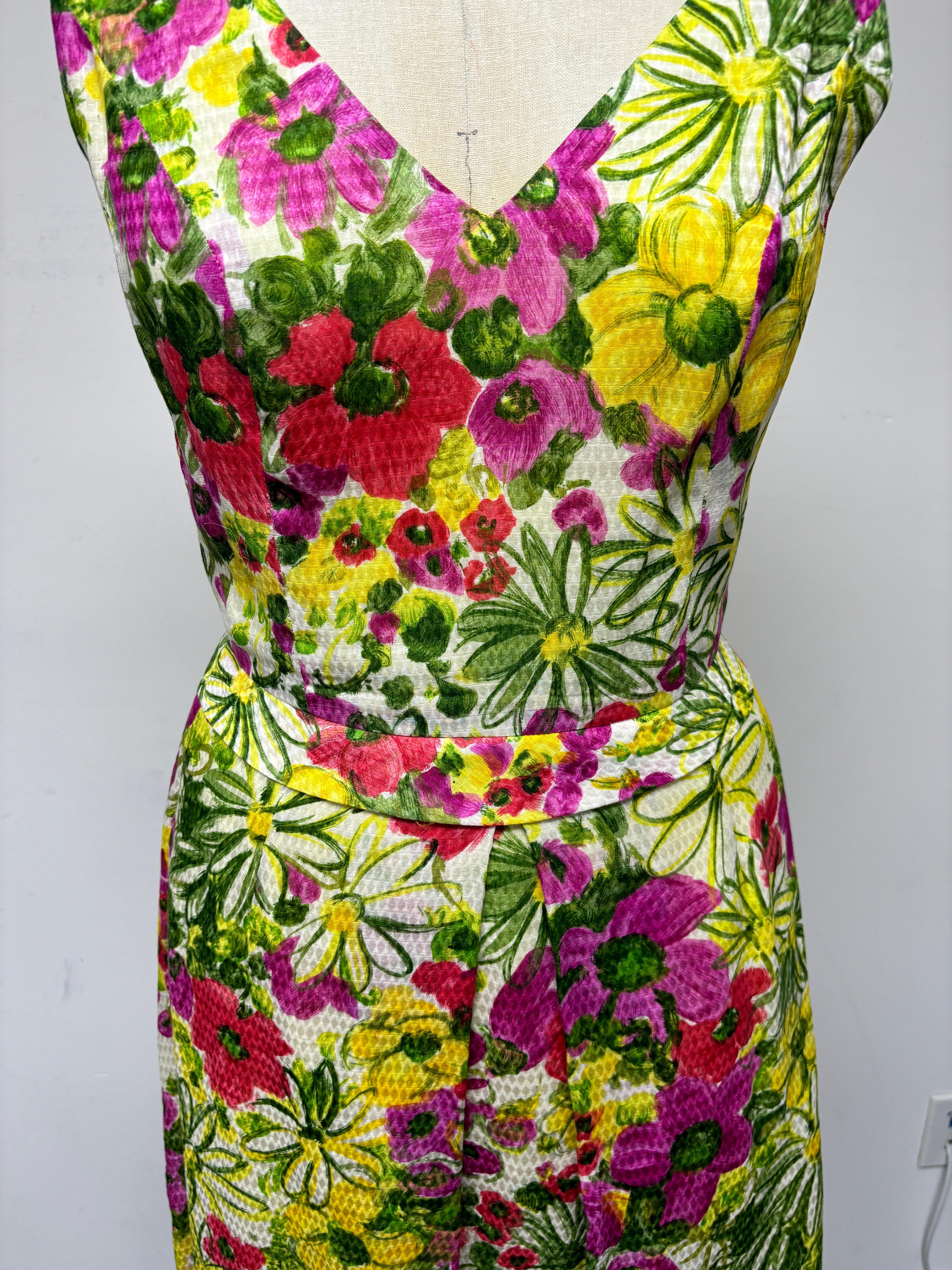 Buntes Vintage-Baumwollkleid mit geblümten Schultern und V-Ausschnitt und Schlaghose im Angebot 3