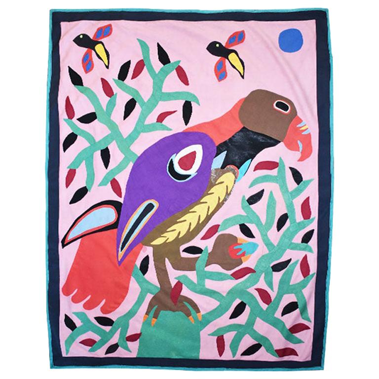 Brightly Colored Geometric Tropical Fabric Collage Tree of Life Parrot Tapestry