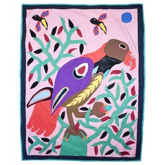 Vintage Brightly Colored Geometric Tropical Fabric Collage Tree of Life Parrot Tapestry