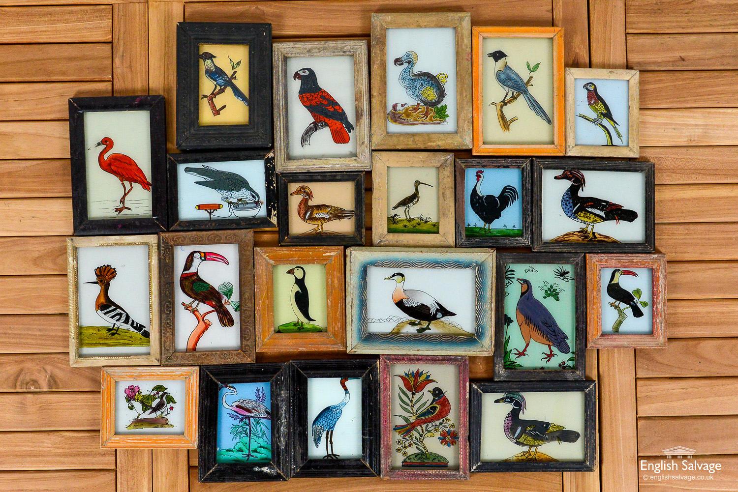 Charming glass paintings of birds reclaimed from India. Example size stated below. Glass fronts are intact, some bumps and wear to most frames.
Top - 3rd sold
Second - 1st 2nd, 4th, 5th sold
Third - 1st 2nd, 3rd 4th, 5th and last - sold
Bottom -