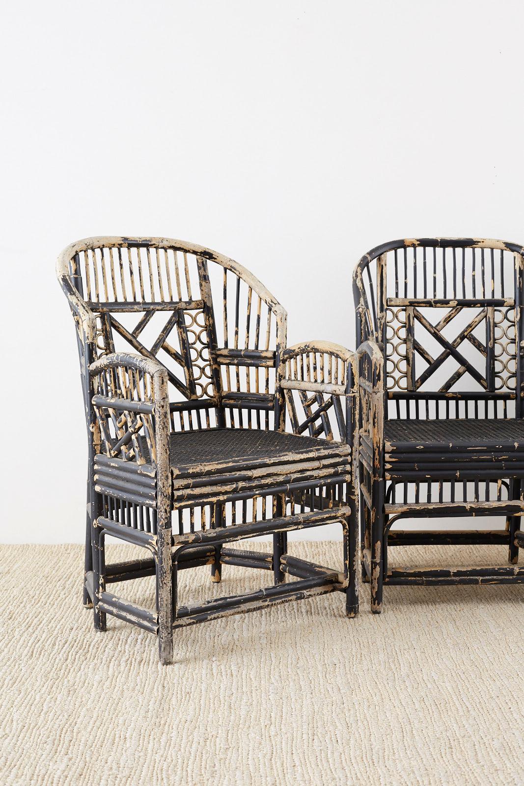 Hollywood Regency Brighton Bamboo Rattan Chinese Chippendale Lacquered Chairs