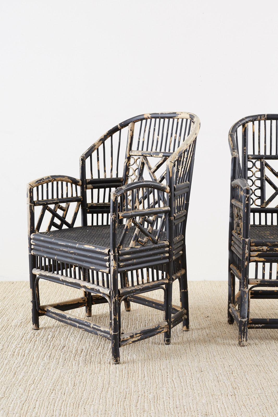 Asian Brighton Bamboo Rattan Chinese Chippendale Lacquered Chairs