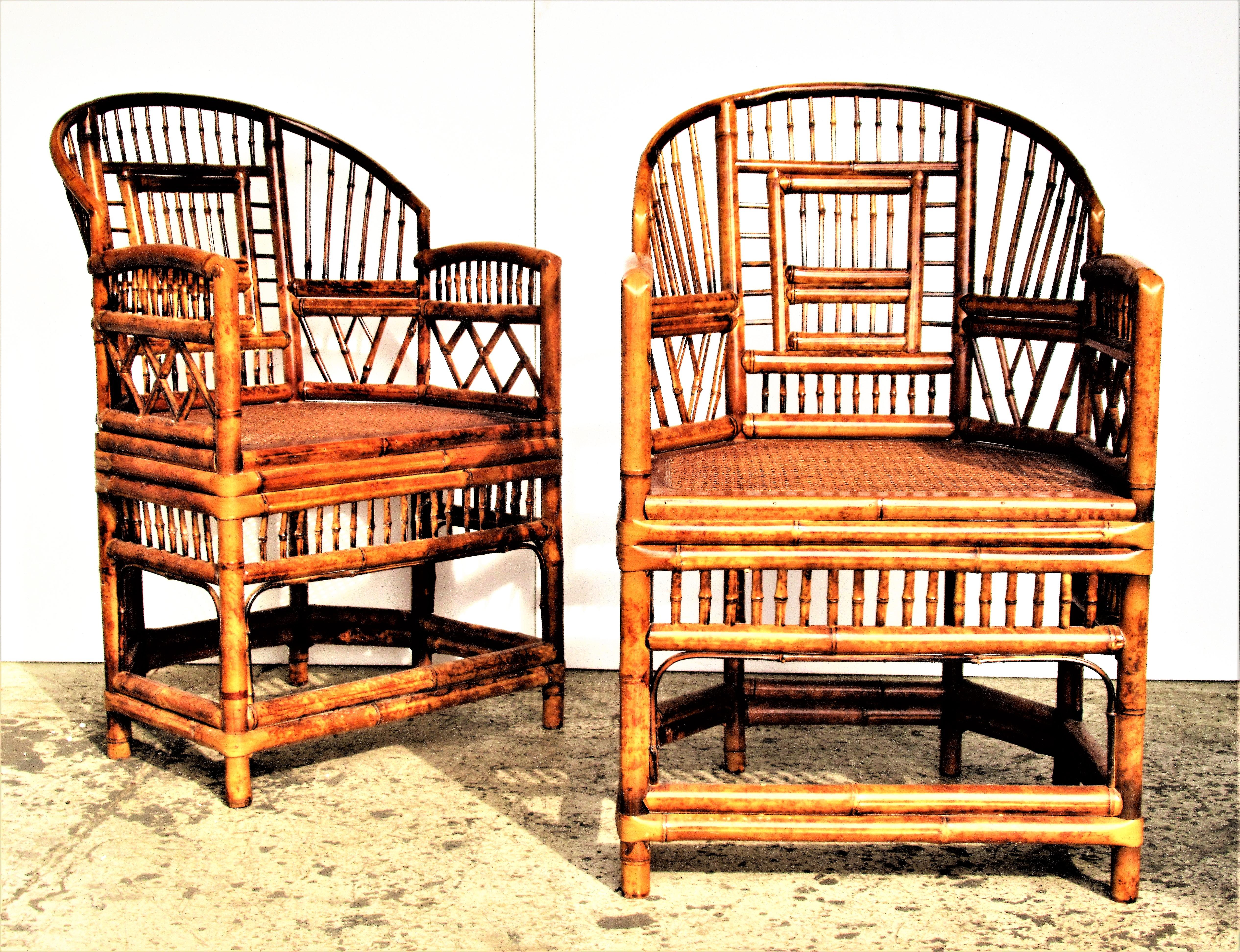 A pair of Brighton Pavilion Chinese Chippendale style faux  tortise shell rattan armchairs in all-over great glowing vintage condition, circa 1960-1970.