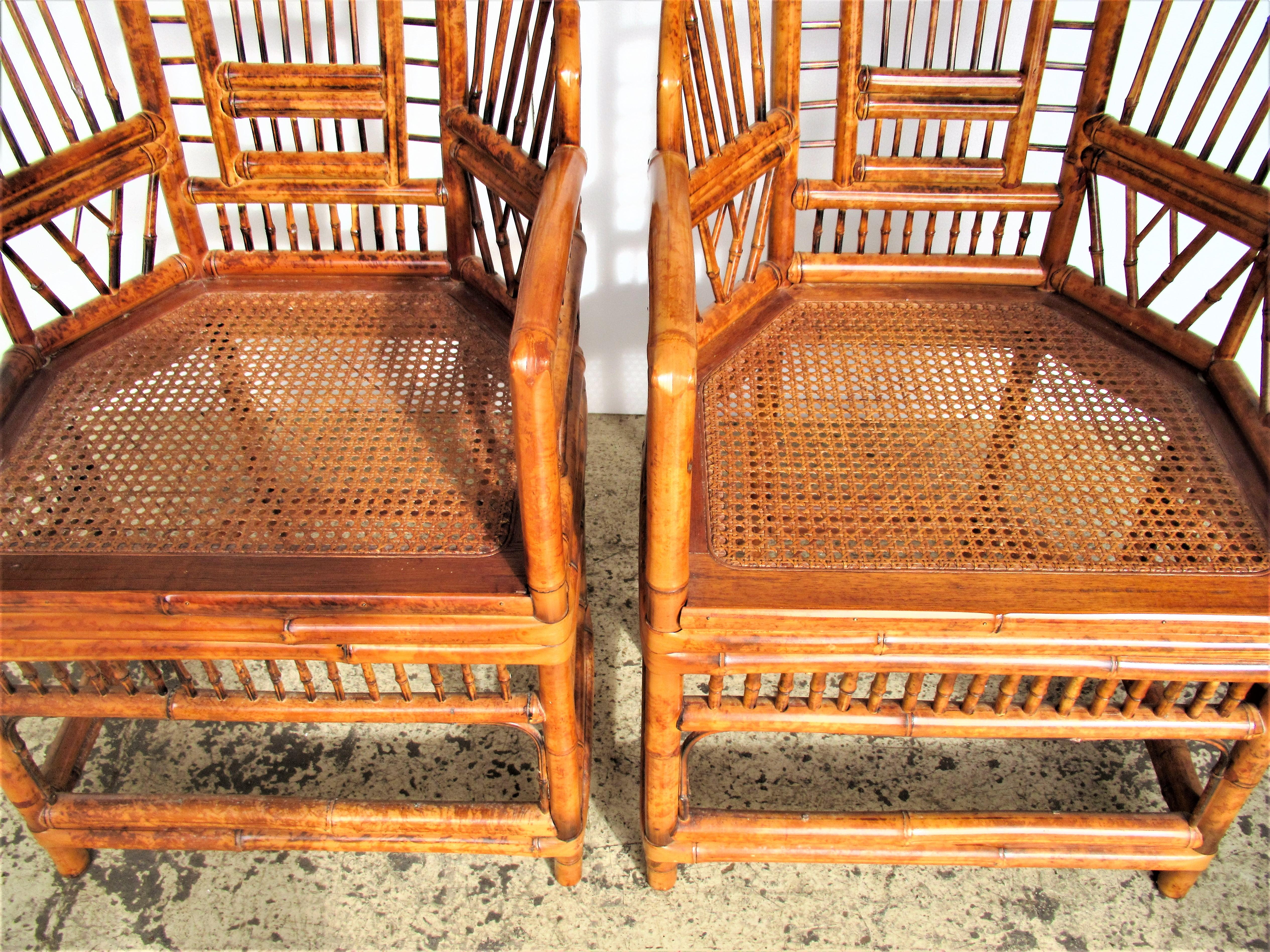 Brighton Pavilion Chinese Chippendale Style  Bamboo Rattan Armchairs In Excellent Condition In Rochester, NY