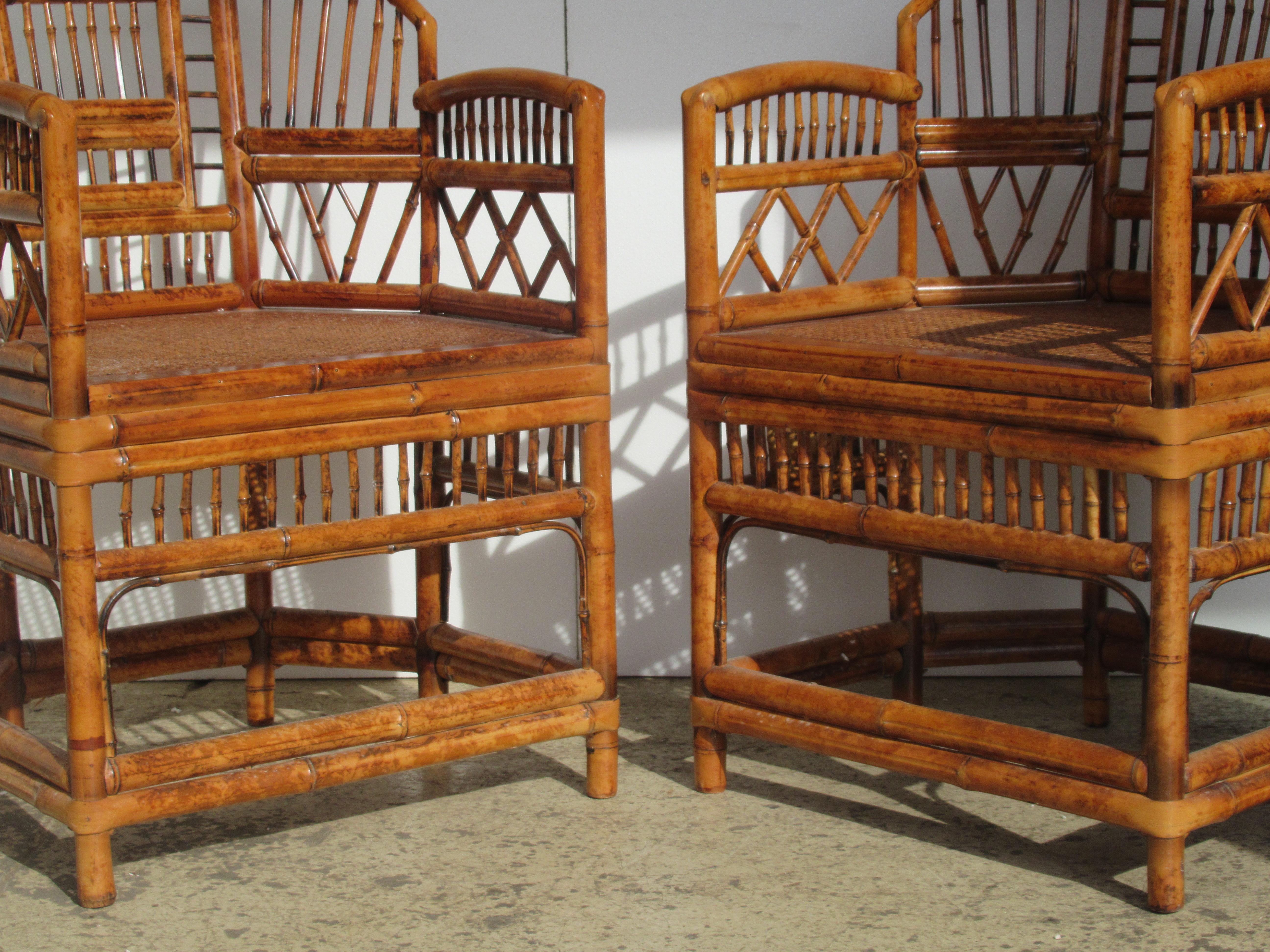 20th Century Brighton Pavilion Chinese Chippendale Style  Bamboo Rattan Armchairs