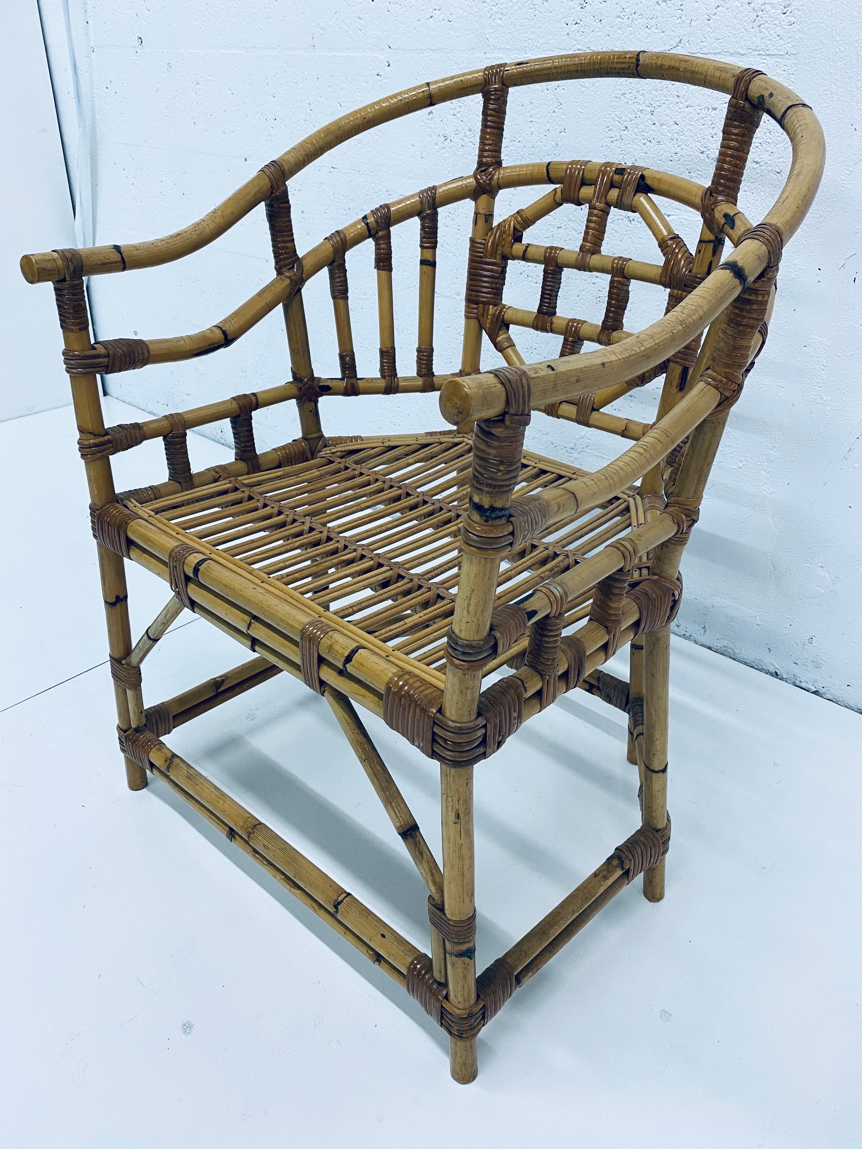 Geometric designed bamboo and rattan armchair in the style of Brighton Pavilion from the 1970s.