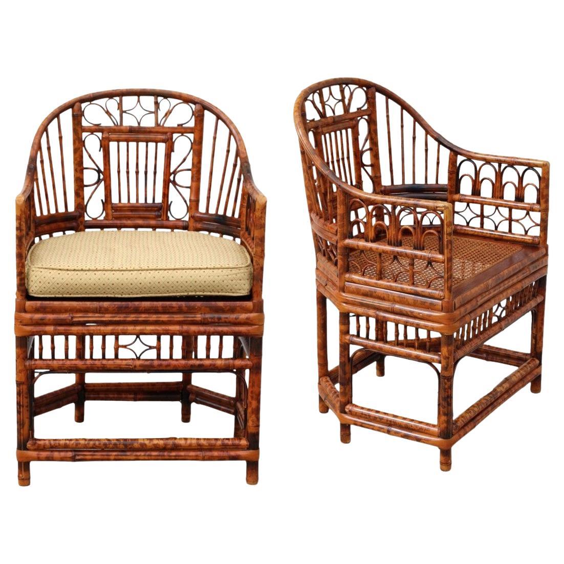 Brighton Pavilion Style Burnt Bamboo Cane Armchairs, a Pair