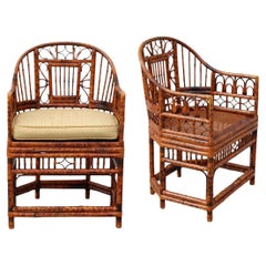 Brighton Pavilion Style Burnt Bamboo Cane Armchairs, a Pair