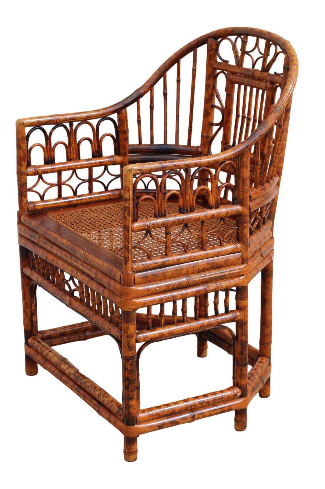 Chinese Chippendale Brighton Pavilion Style Burnt Bamboo Cane Dining Armchairs, a Pair For Sale