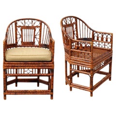 Used Brighton Pavilion Style Burnt Bamboo Cane Dining Armchairs, a Pair