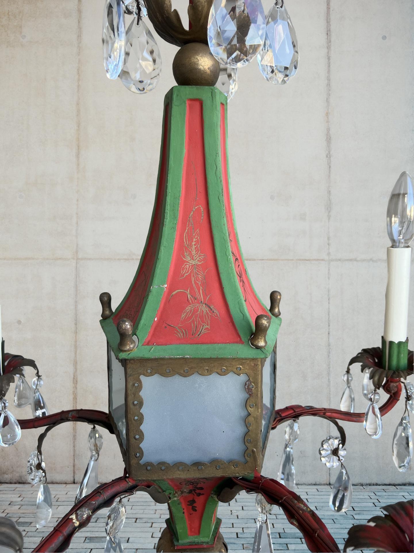 Brighton Pavilion Style Chinoiserie Decorated Tole & Crystal Chandelier For Sale 4