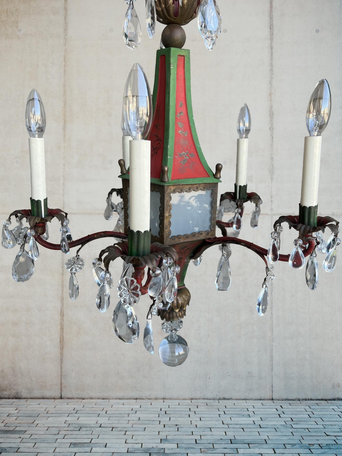 American Brighton Pavilion Style Chinoiserie Decorated Tole & Crystal Chandelier For Sale