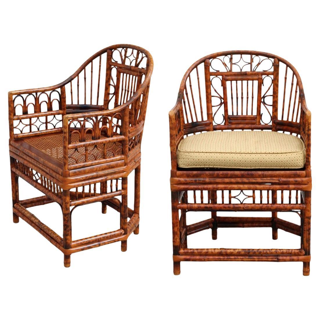 Brighton Pavilion Style Tortoiseshell Bamboo Cane Armchairs, a Pair