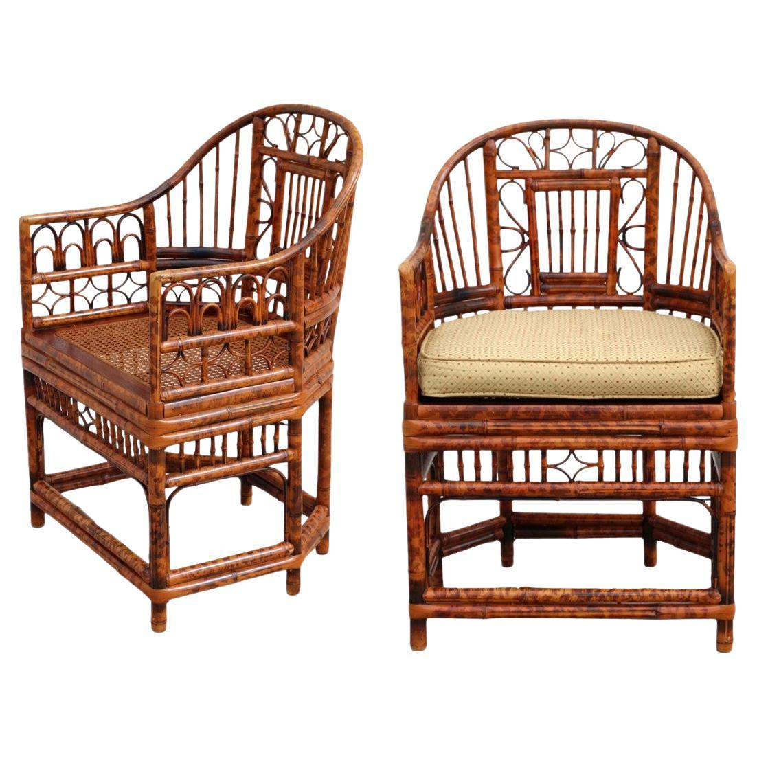 Brighton Pavilion Style Tortoiseshell Bamboo Cane Dining Armchairs, a Pair For Sale