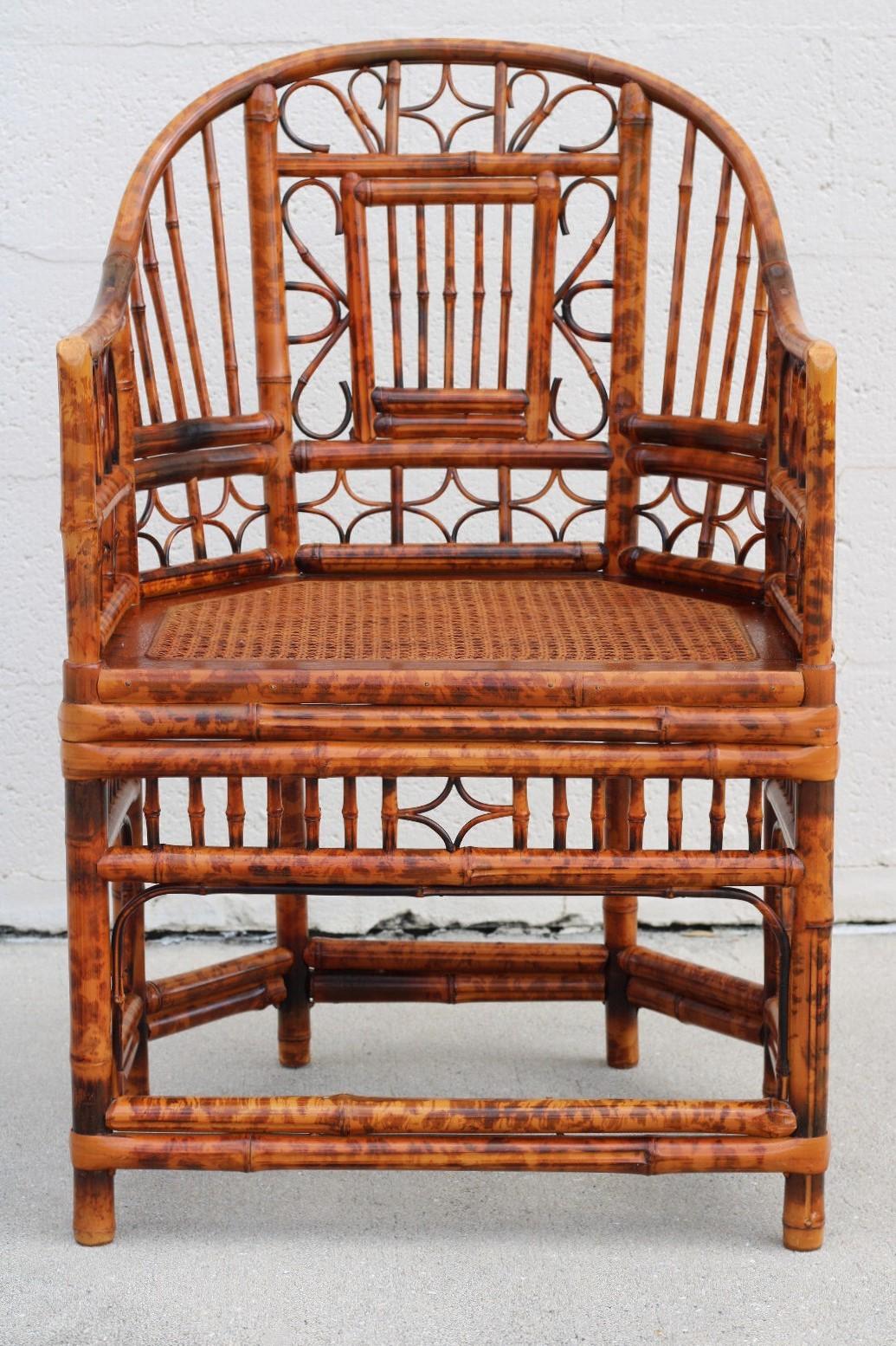 Chinese Chippendale Brighton Pavilion Style Tortoiseshell Burnt Bamboo Cane Armchairs, a Pair For Sale