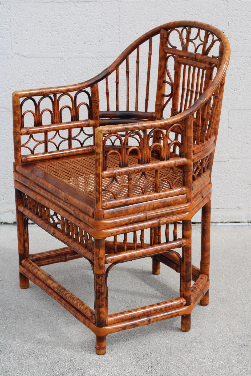 20th Century Brighton Pavilion Style Tortoiseshell Burnt Bamboo Cane Armchairs, a Pair For Sale