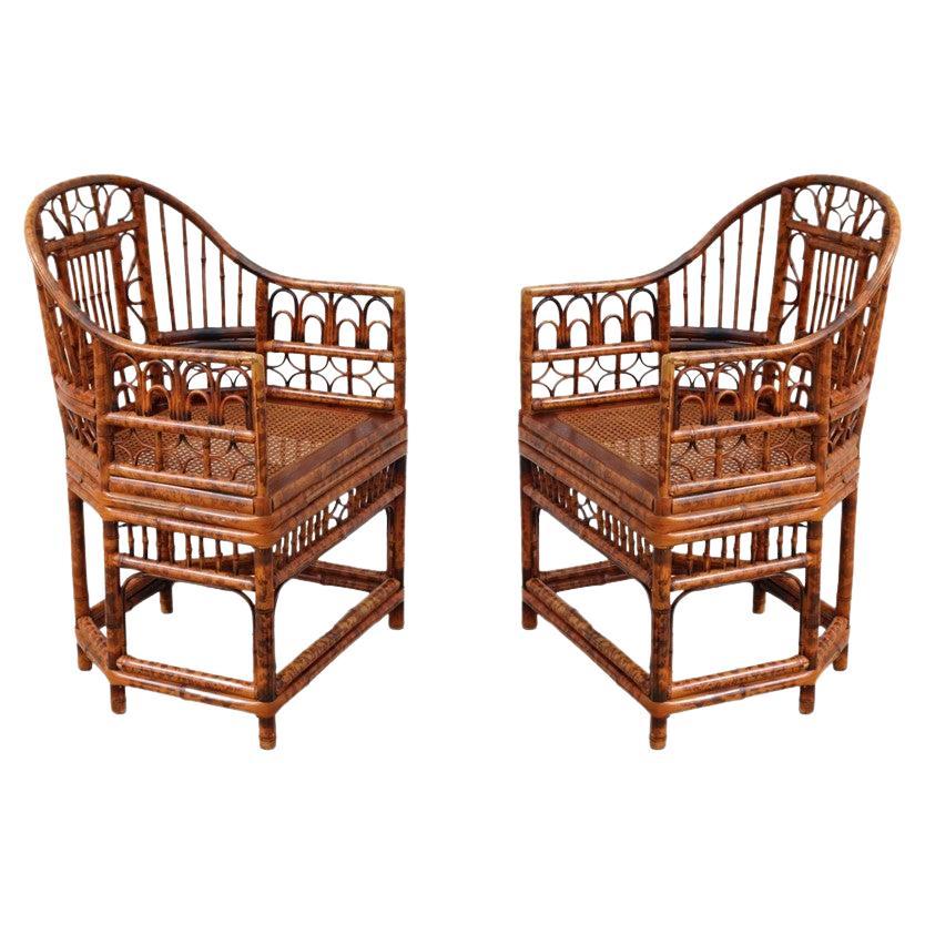 Brighton Pavilion Style Tortoiseshell Burnt Bamboo Cane Armchairs, a Pair For Sale