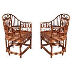 Brighton Pavilion Style Tortoiseshell Burnt Bamboo Cane Armchairs, a Pair
