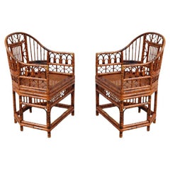 Used Brighton Pavilion Style Tortoiseshell Burnt Bamboo Cane Armchairs, a Pair