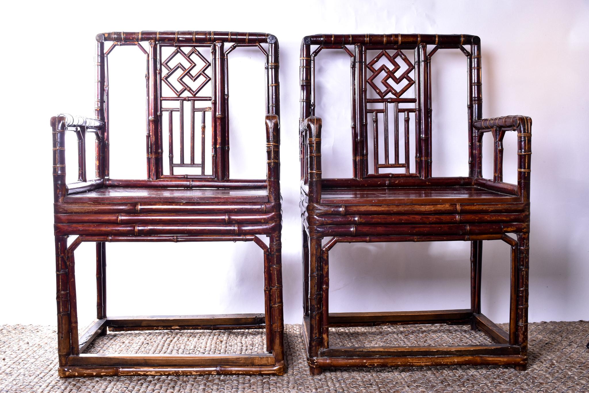 A beautiful pair of late 19th century Chinese Brighton Pavilion style bamboo armchairs, in lovely original condition. Fantastic patina and glow throughout the lacquered finish, truly stunning pair of chairs.