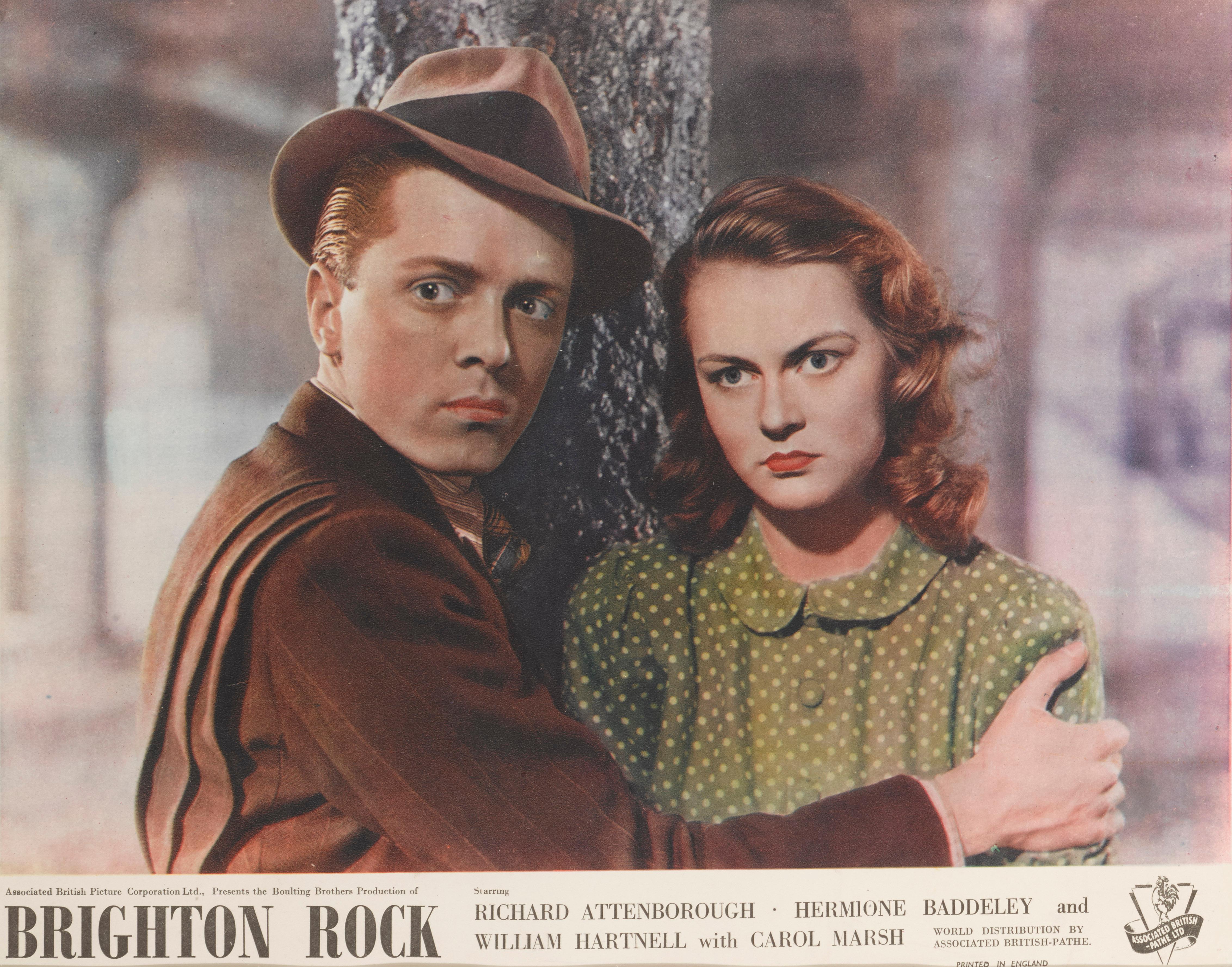 Original British lobby card for the 1948 Thriller Brighton Rock.
This film was directed by John Boulting and starred Richard Attenborough, Hermonie Baddeley, William Hartnell. This piece is conservation framed in an Obeche an wood frame with acid