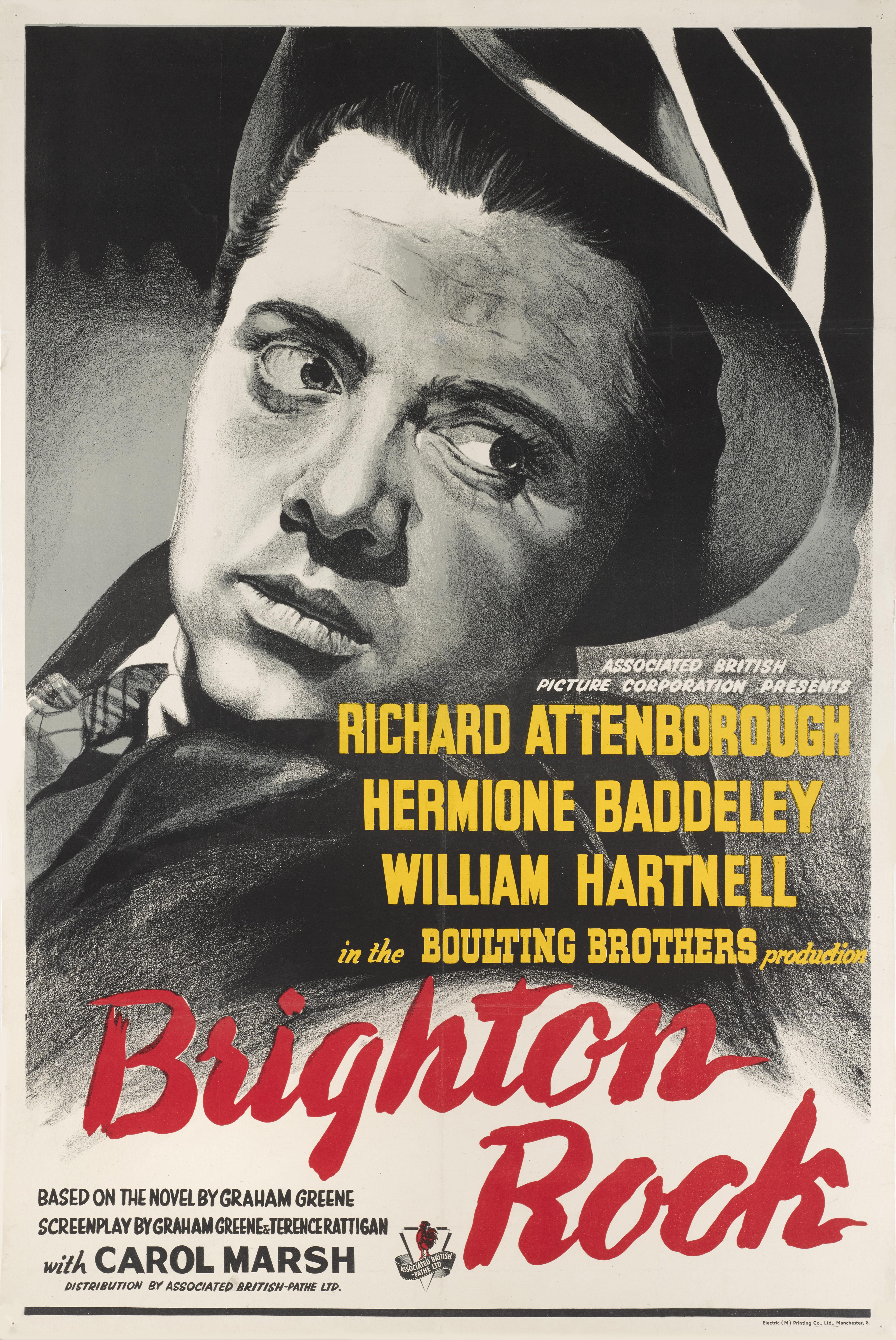 Originales britisches Filmplakat für den Crome-Thriller Brighton Rock von 1947.
Regie führte John Boulting, die Hauptrollen spielten Richard Attenborough, Hermonie Baddeley und William Hartnell.
Dieses Plakat ist Erhaltung Leinen zurück und es würde