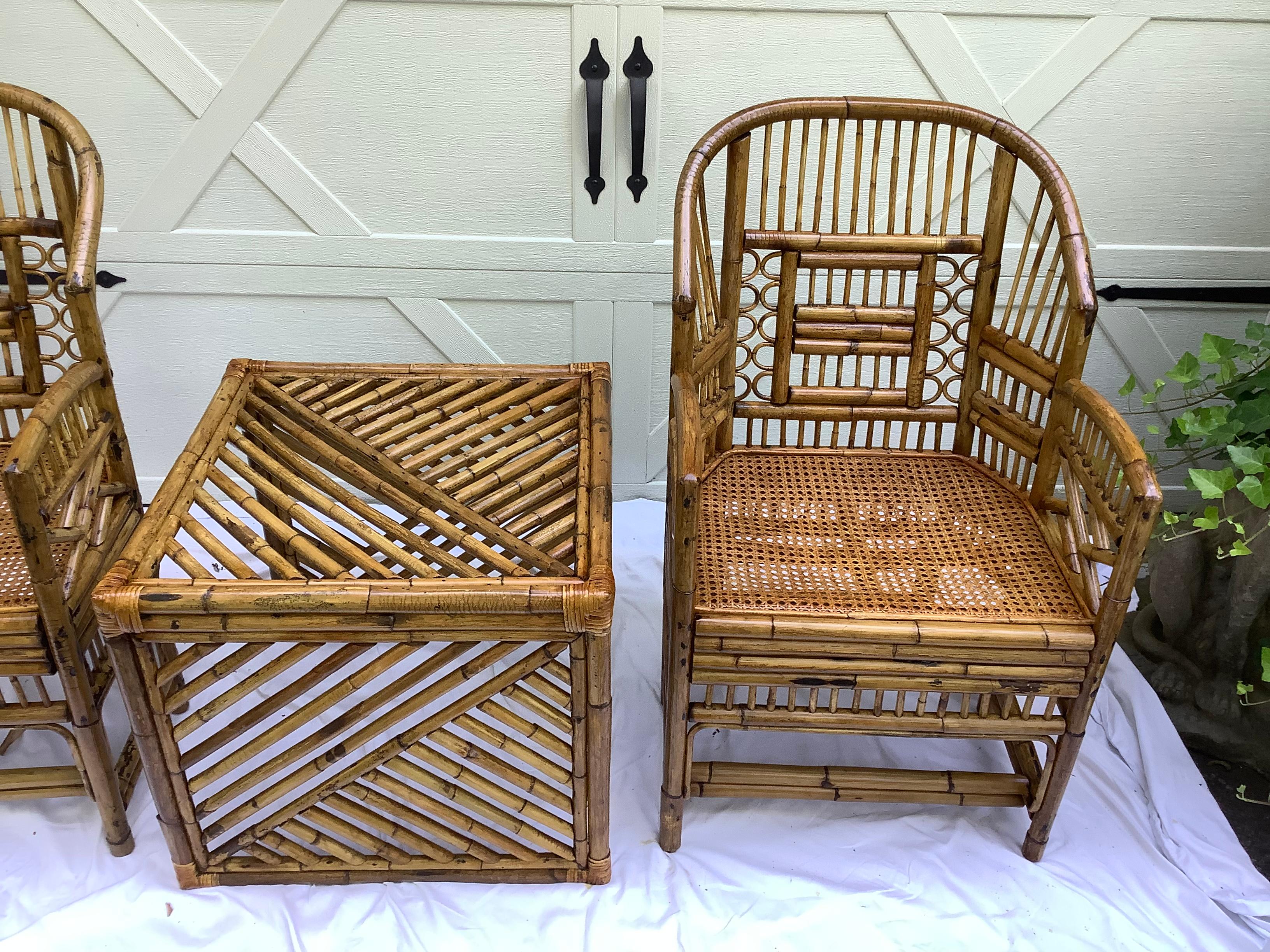 Brighton Style Rattan Chairs, a Pair w/ Side Table 2