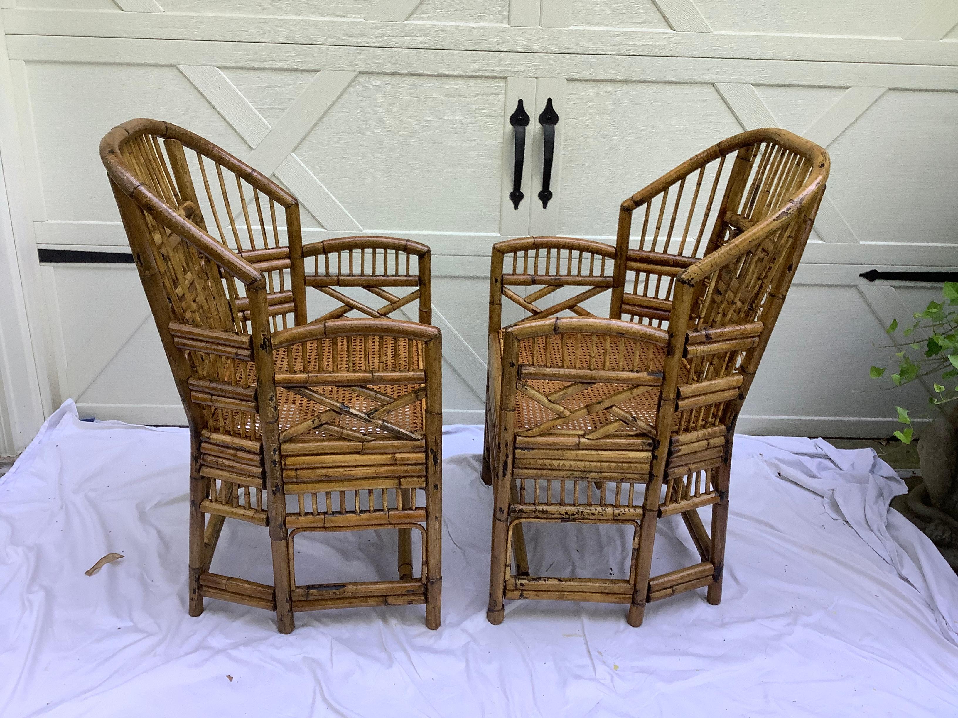Chinoiserie Brighton Style Rattan Chairs, a Pair w/ Side Table