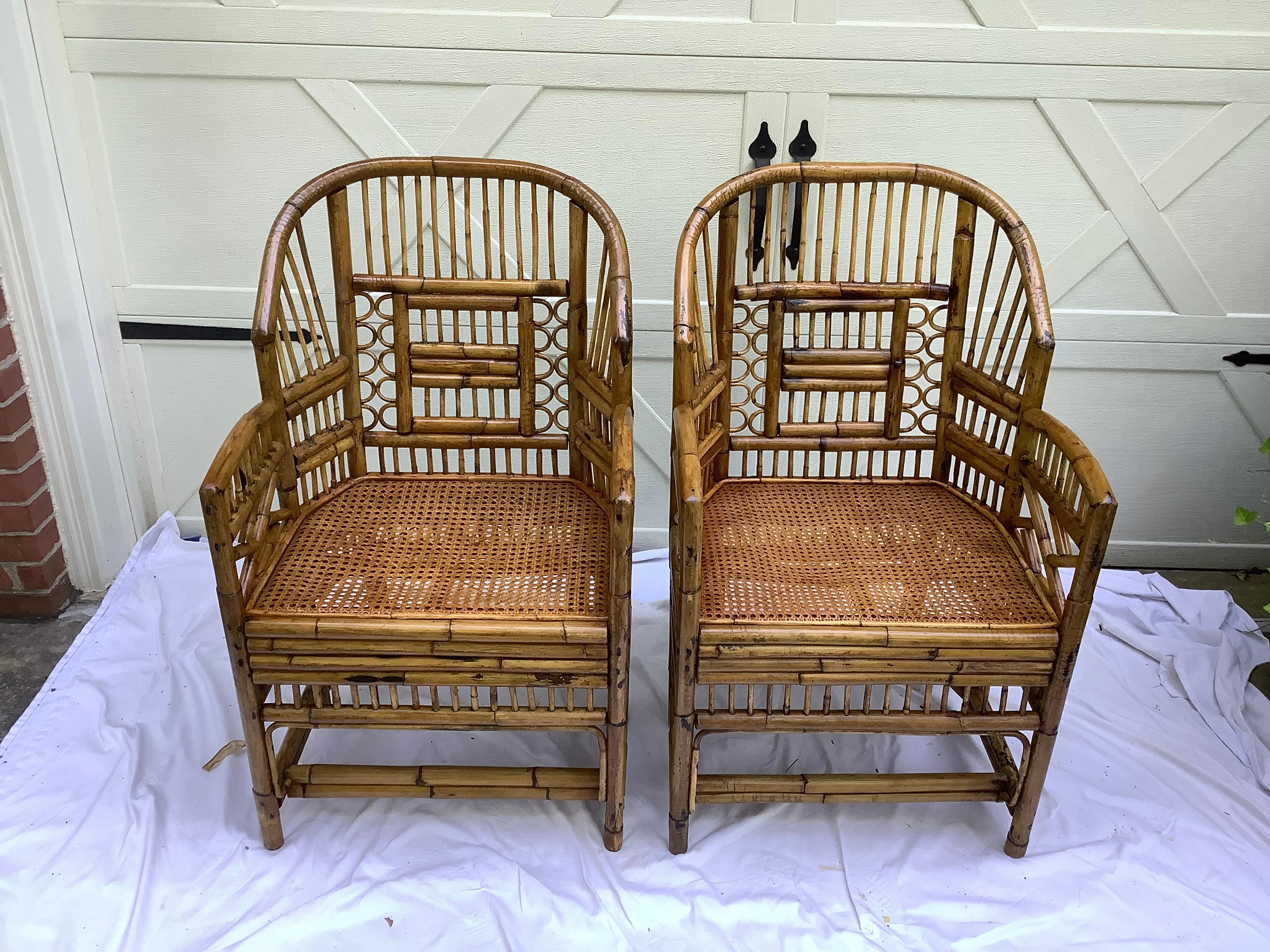 Philippine Brighton Style Rattan Chairs, a Pair w/ Side Table
