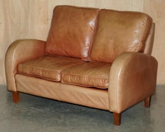 BRIGHTS OF NETTLEBED BROWN LEATHER ART DECO SOFA & PAIR OF ARMCHAiRS SUITE