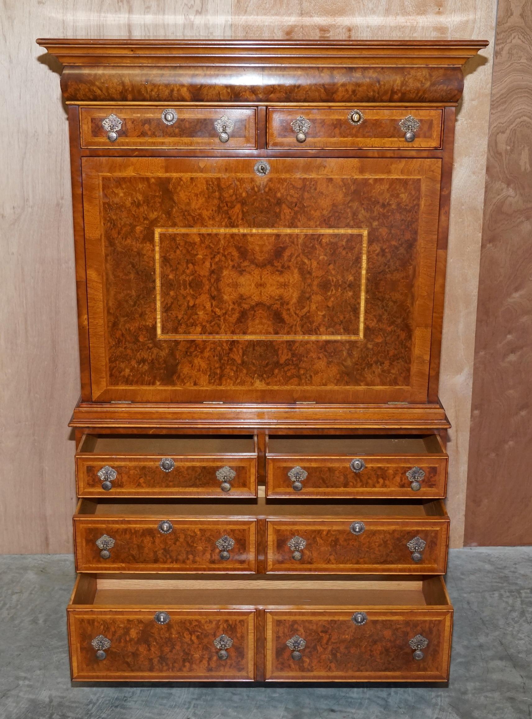 Brights of Nettlebed Burr Walnut Bureau with Drop Front Desk & Chest of Drawers 11