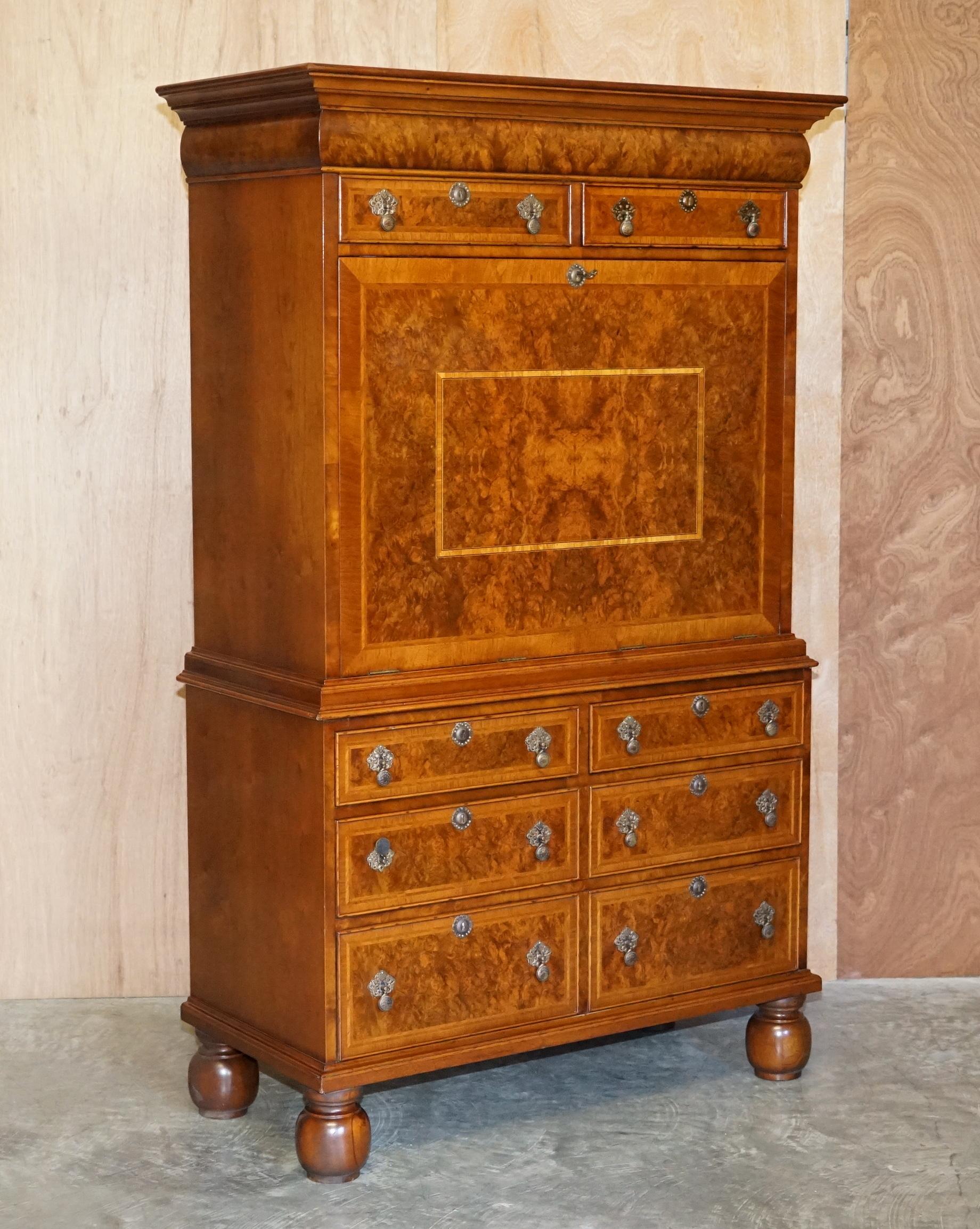 We delighted to offer this 1 of 2 lovely Brights of Nettlebed William & Mary style cabinet in burr walnut

As mentioned I have a pair of these, this one has an arrangement of drawers and drop front desk section, the other has a media cupboard to