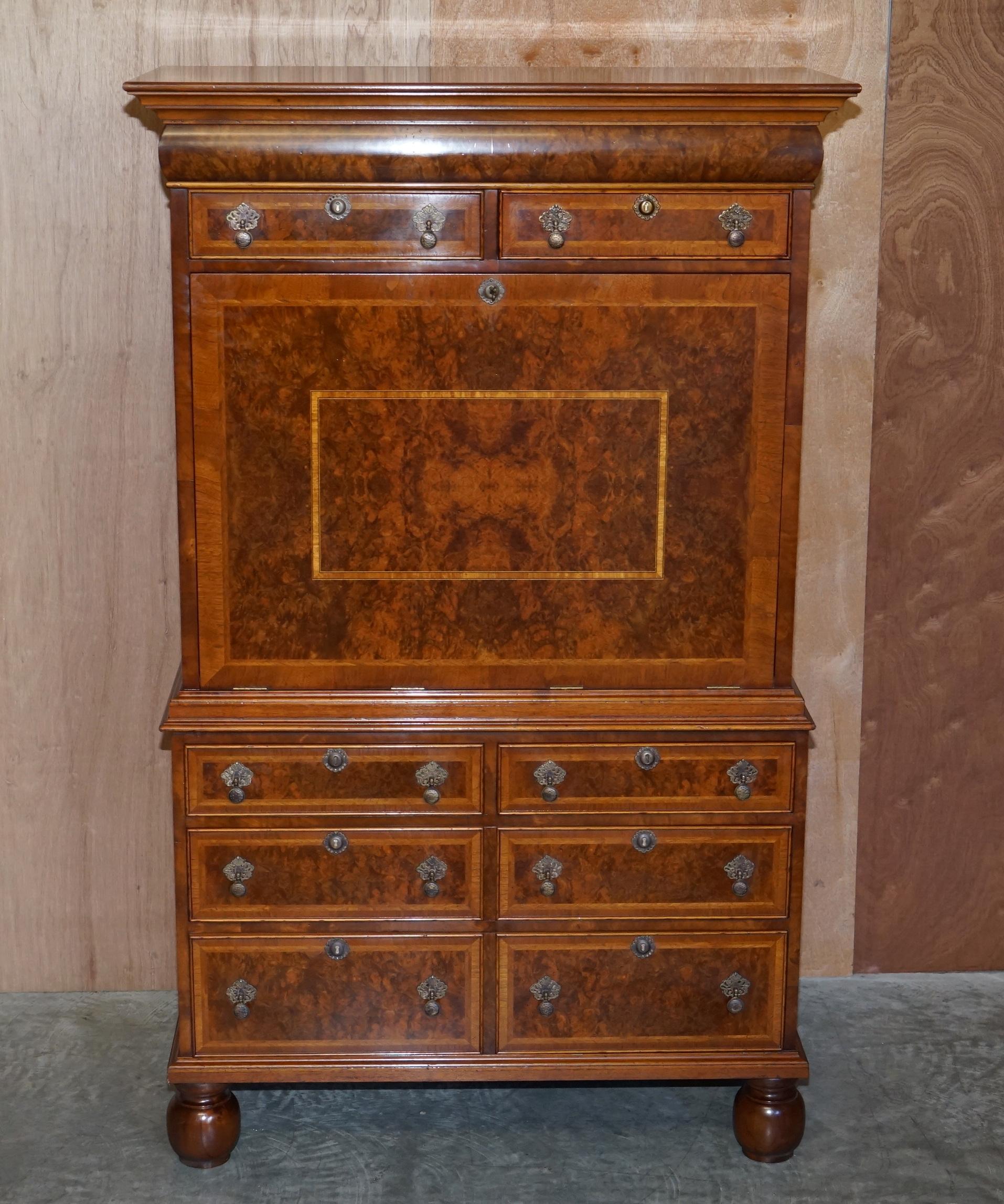 Victorian Brights of Nettlebed Burr Walnut Bureau with Drop Front Desk & Chest of Drawers