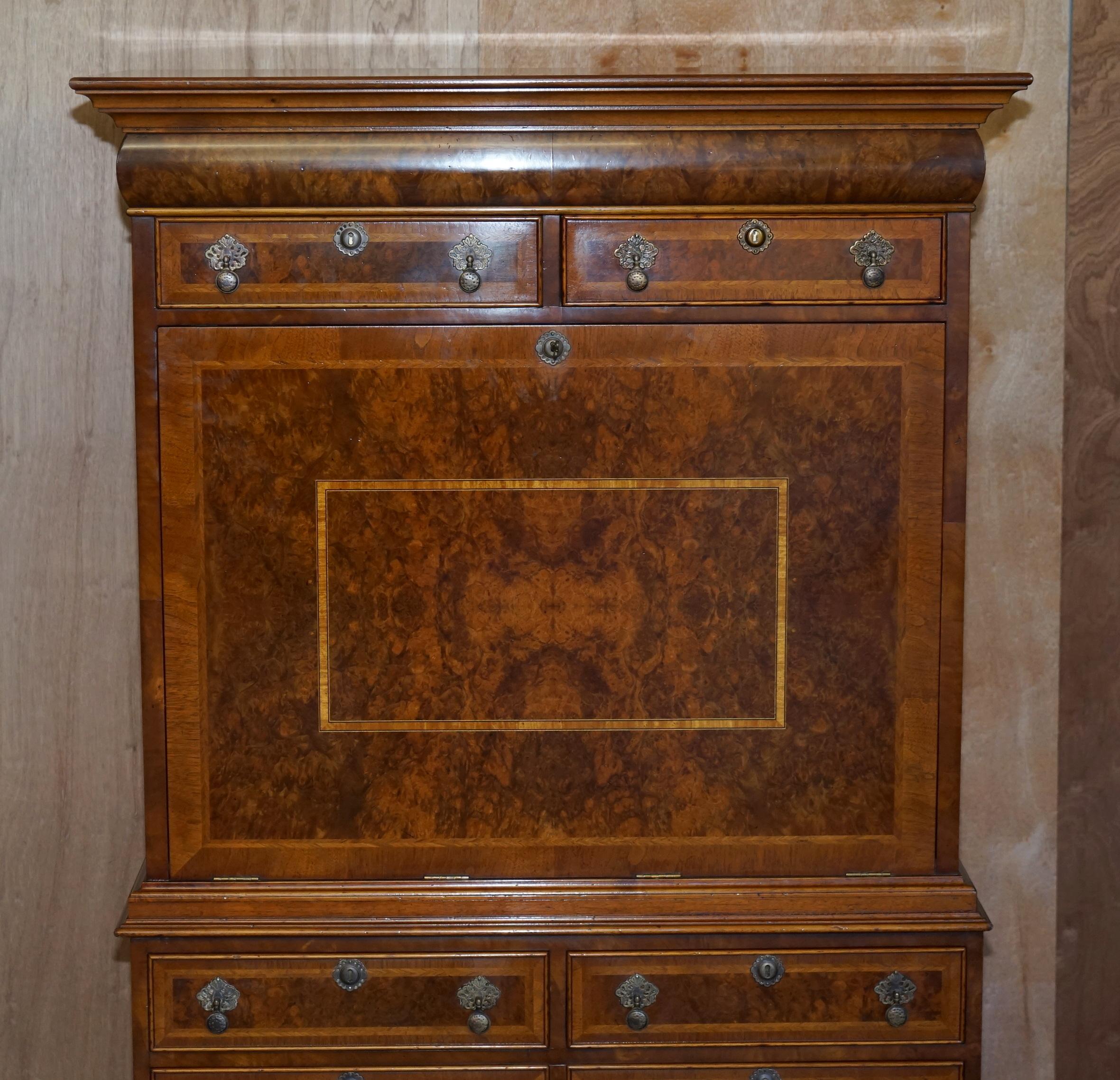 English Brights of Nettlebed Burr Walnut Bureau with Drop Front Desk & Chest of Drawers