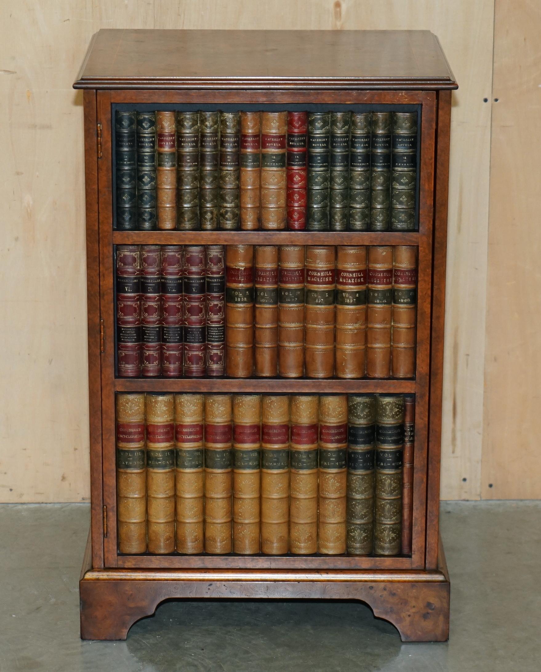 Mid-Century Modern BRiGHTS OF NETTLEBED BURR WALNUT FAUX BOOK FRONT RECORD PLAYER STORAGE CABINET For Sale