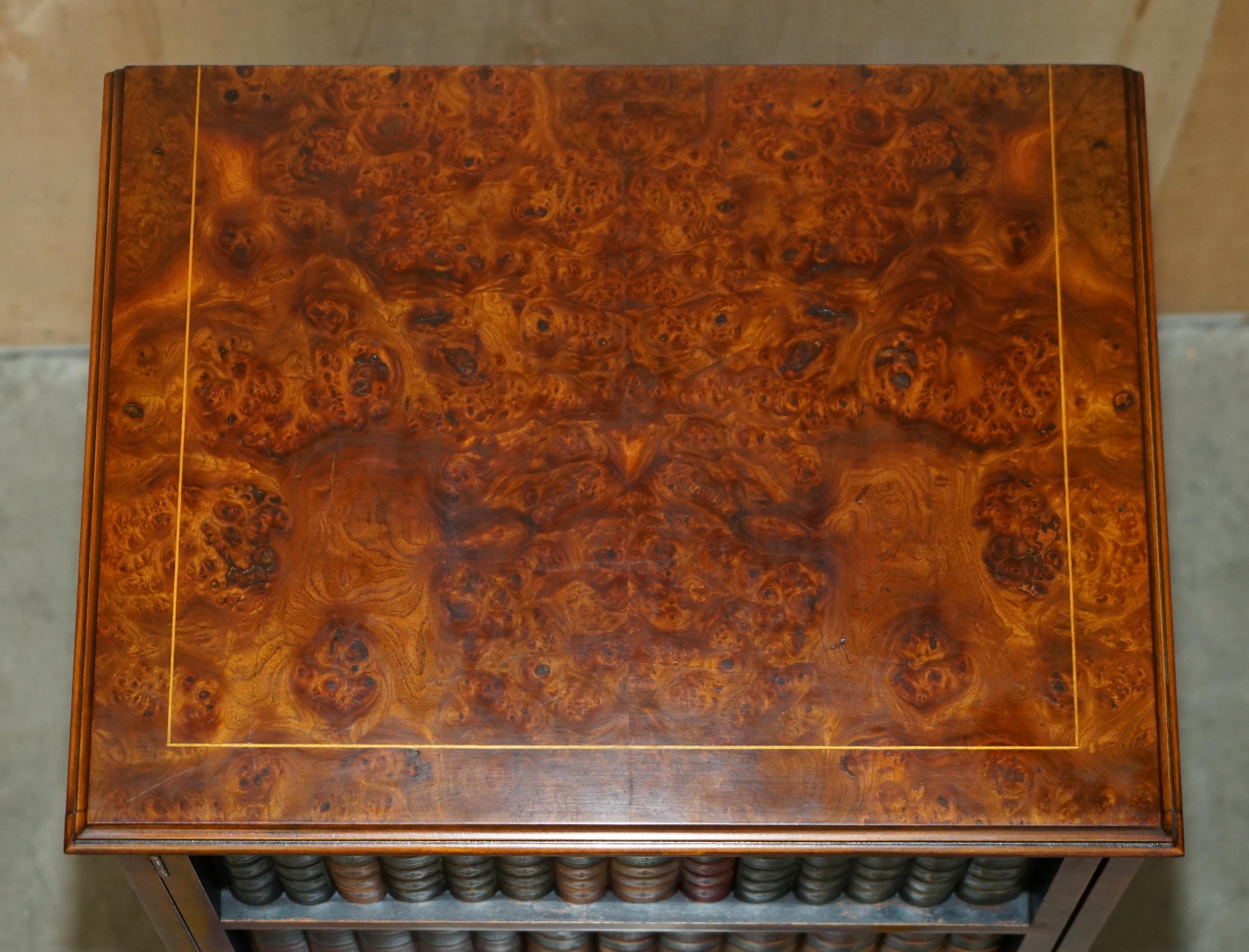 Walnut BRiGHTS OF NETTLEBED BURR WALNUT FAUX BOOK FRONT RECORD PLAYER STORAGE CABINET For Sale