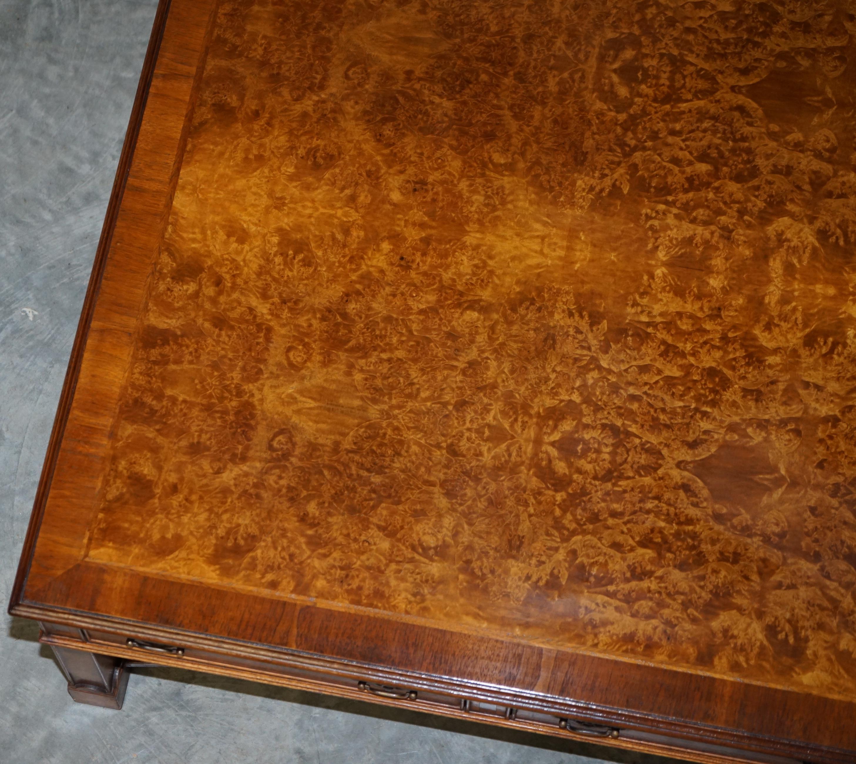 English Brights of Nettlebed Burr Walnut Restored Large 4 Drawer Coffee Table