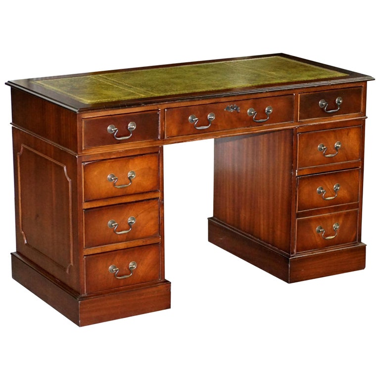 Brights Of Nettlebed Mahogany Twin Pedestal Partner Desk Green