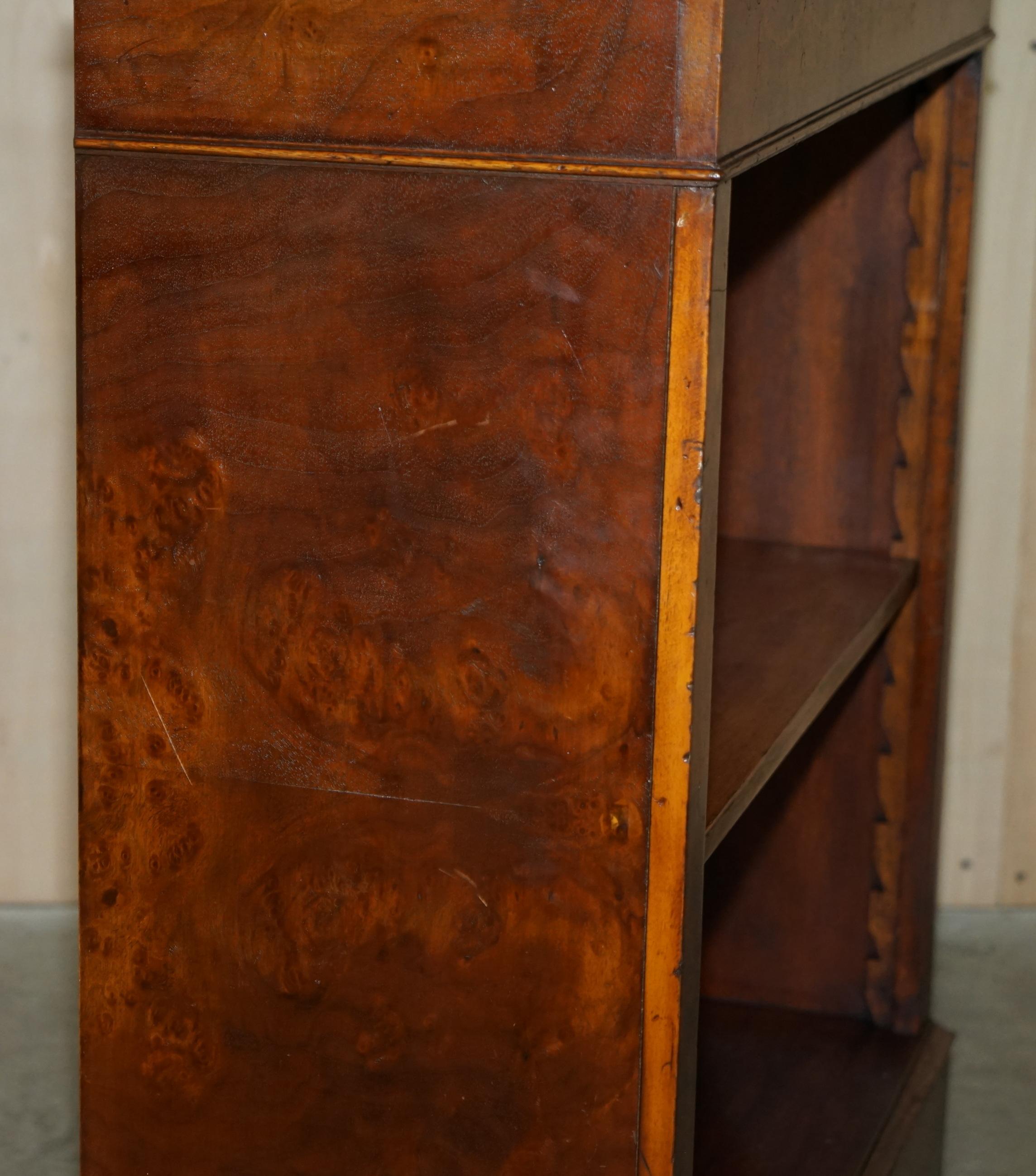 Brights of Nettlebed Sheraton Burr Elm Walnut Inlay Dwarf Library Open Bookcase For Sale 8