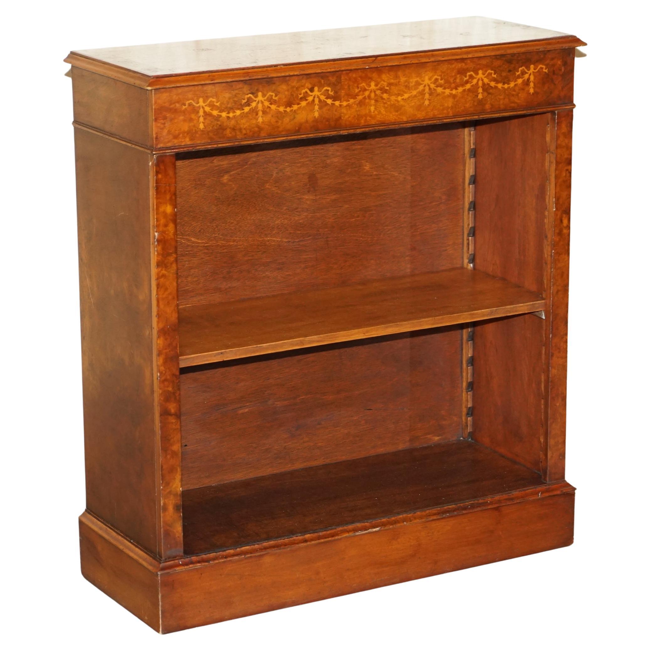 Brights of Nettlebed Sheraton Burr Elm Walnut Inlay Dwarf Library Open Bookcase For Sale