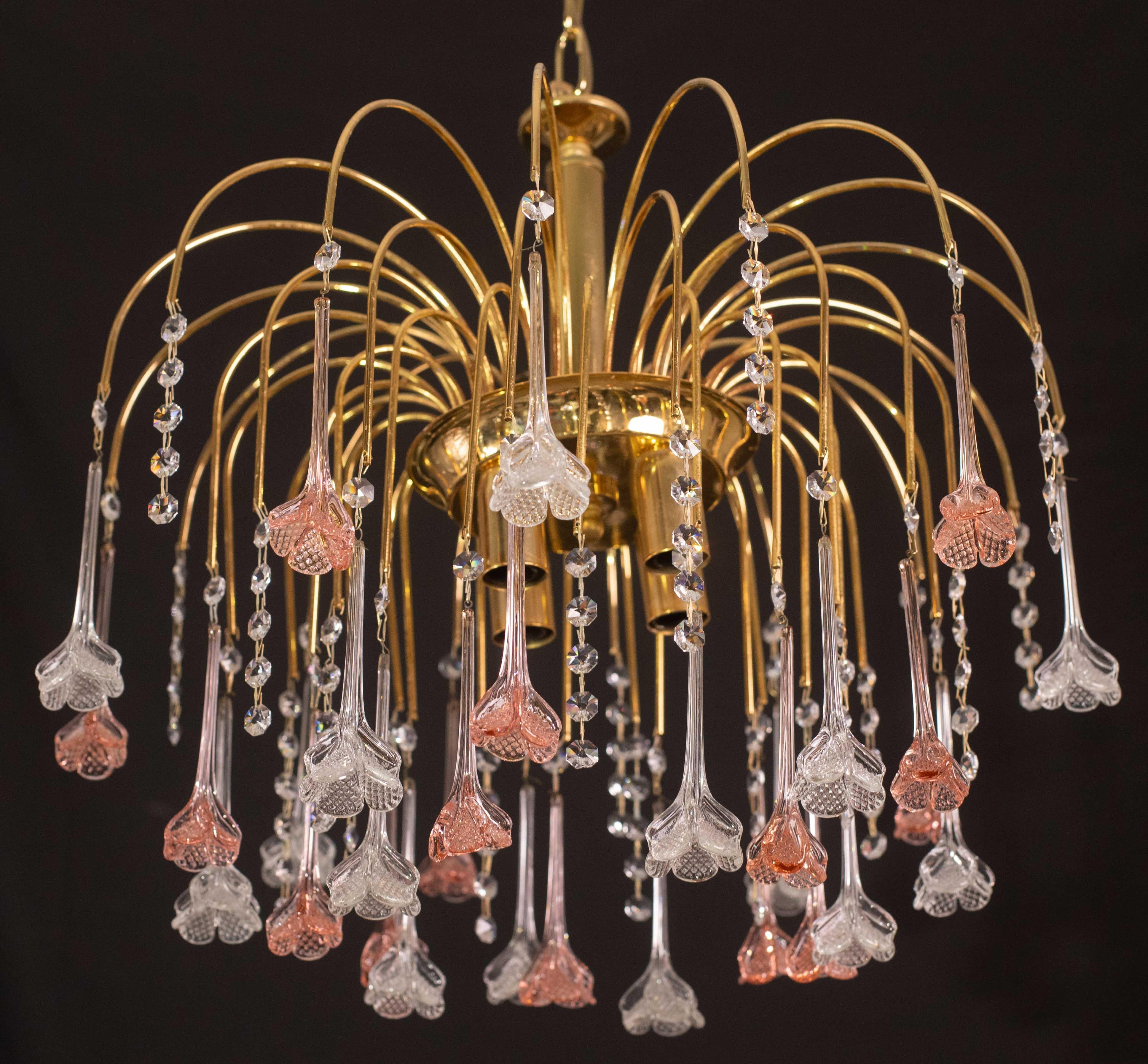 Europeo Brigitte Bardot, lampadario a fiori di Murano rosa e trasparente, anni '70 in vendita