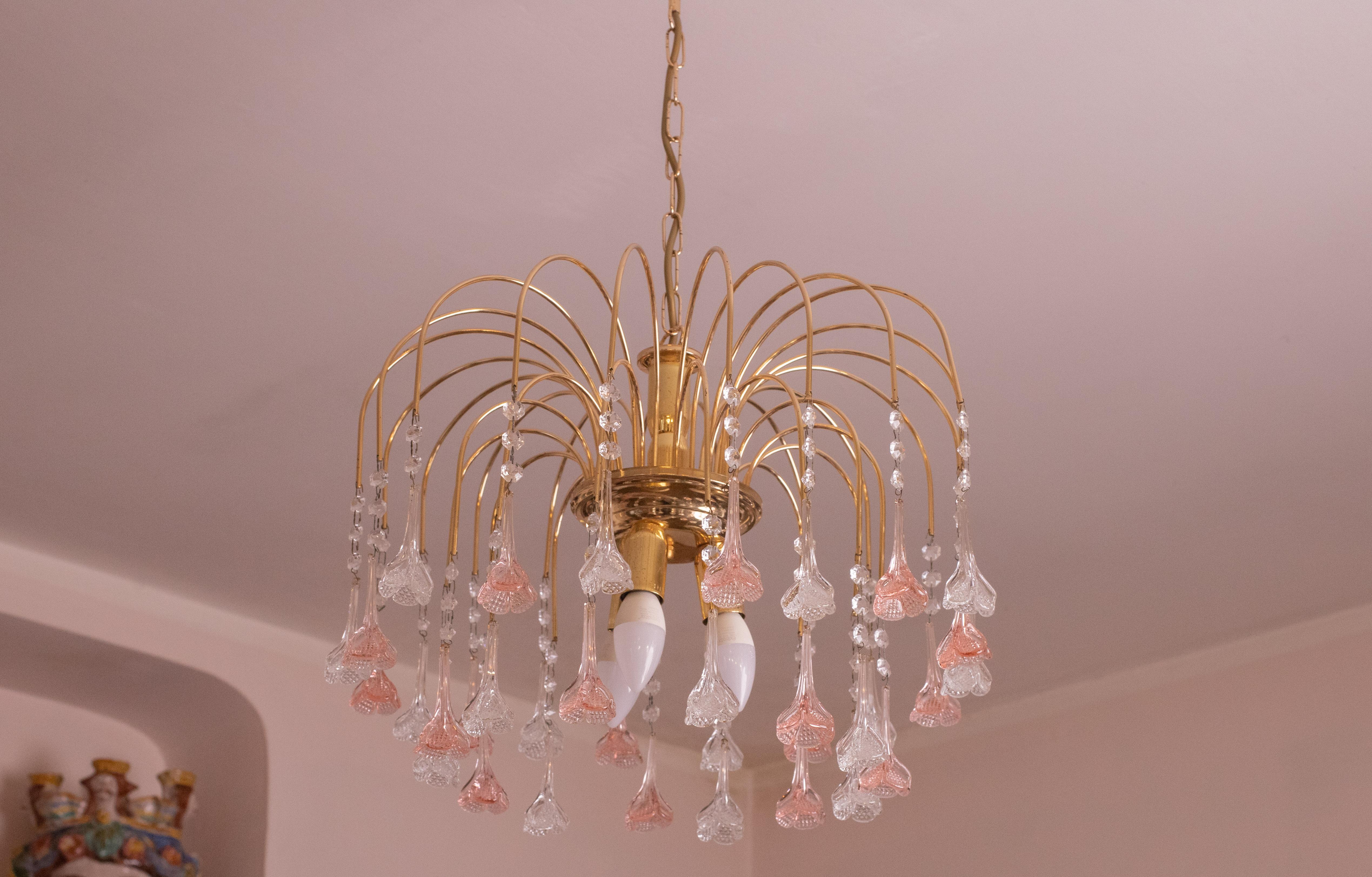Late 20th Century Brigitte Bardot, Pink and Trasparent Murano Flowers Chandelier, 1970s For Sale
