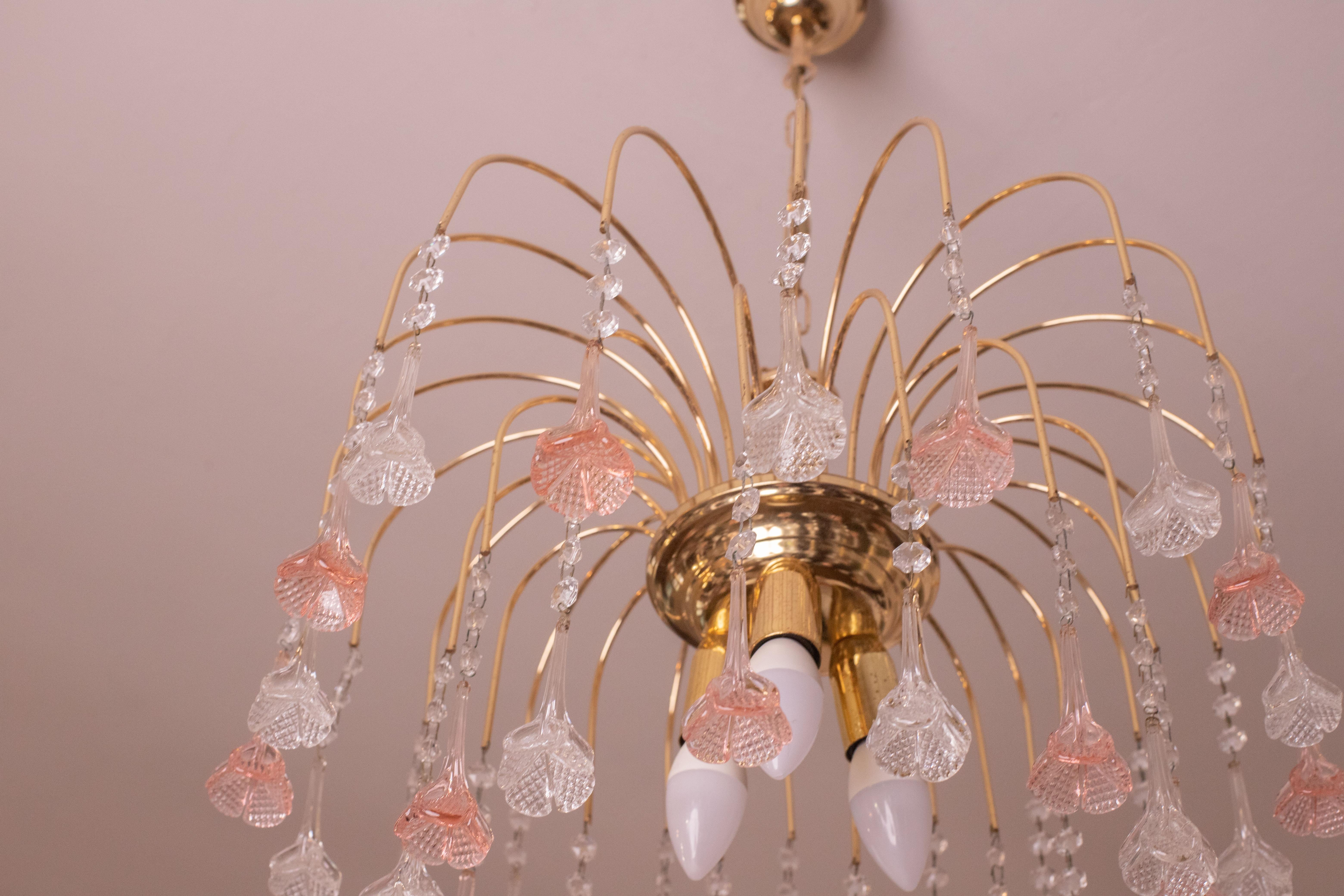 Brigitte Bardot, Pink and Trasparent Murano Flowers Chandelier, 1970s For Sale 1