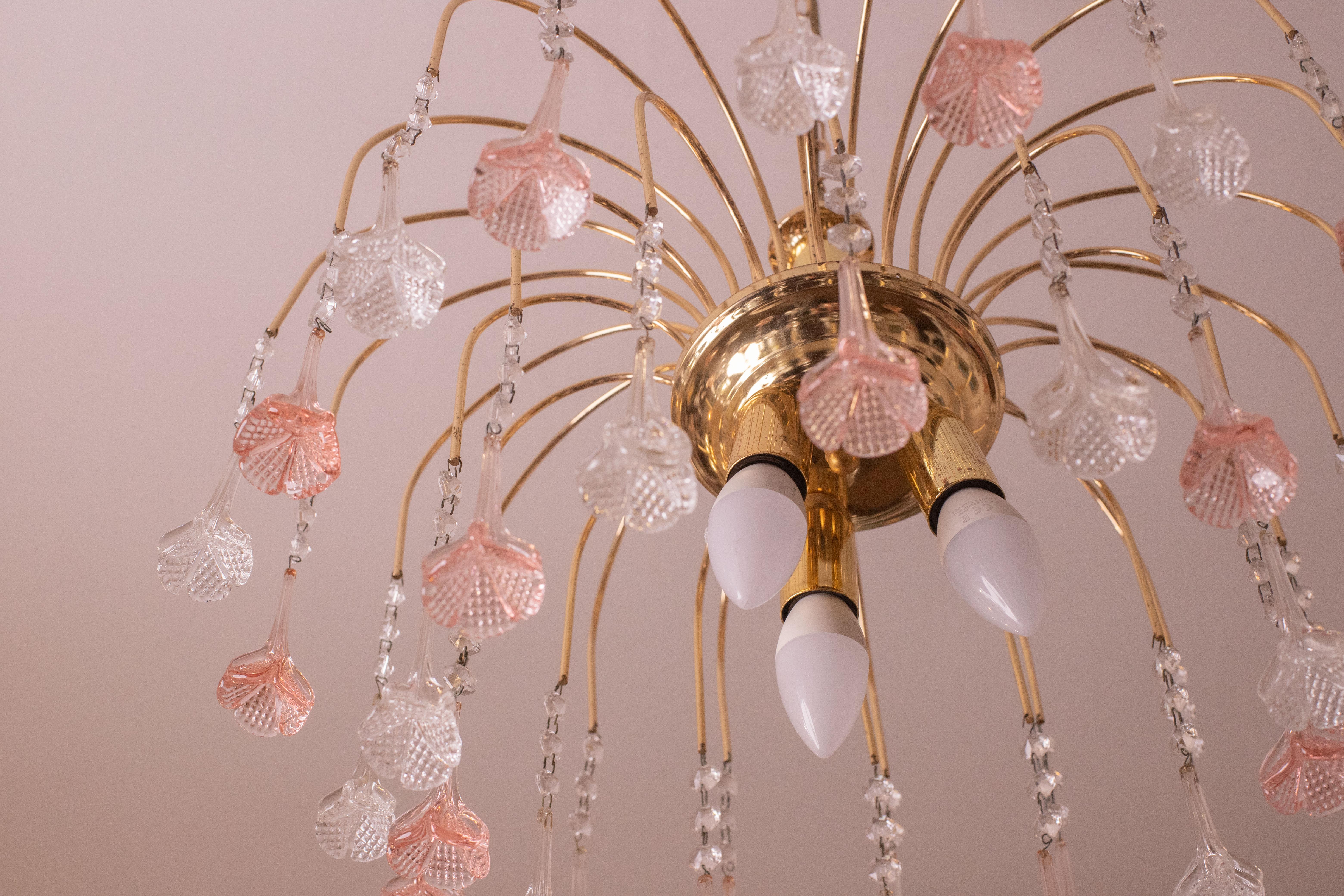 Brigitte Bardot, Pink and Trasparent Murano Flowers Chandelier, 1970s For Sale 2
