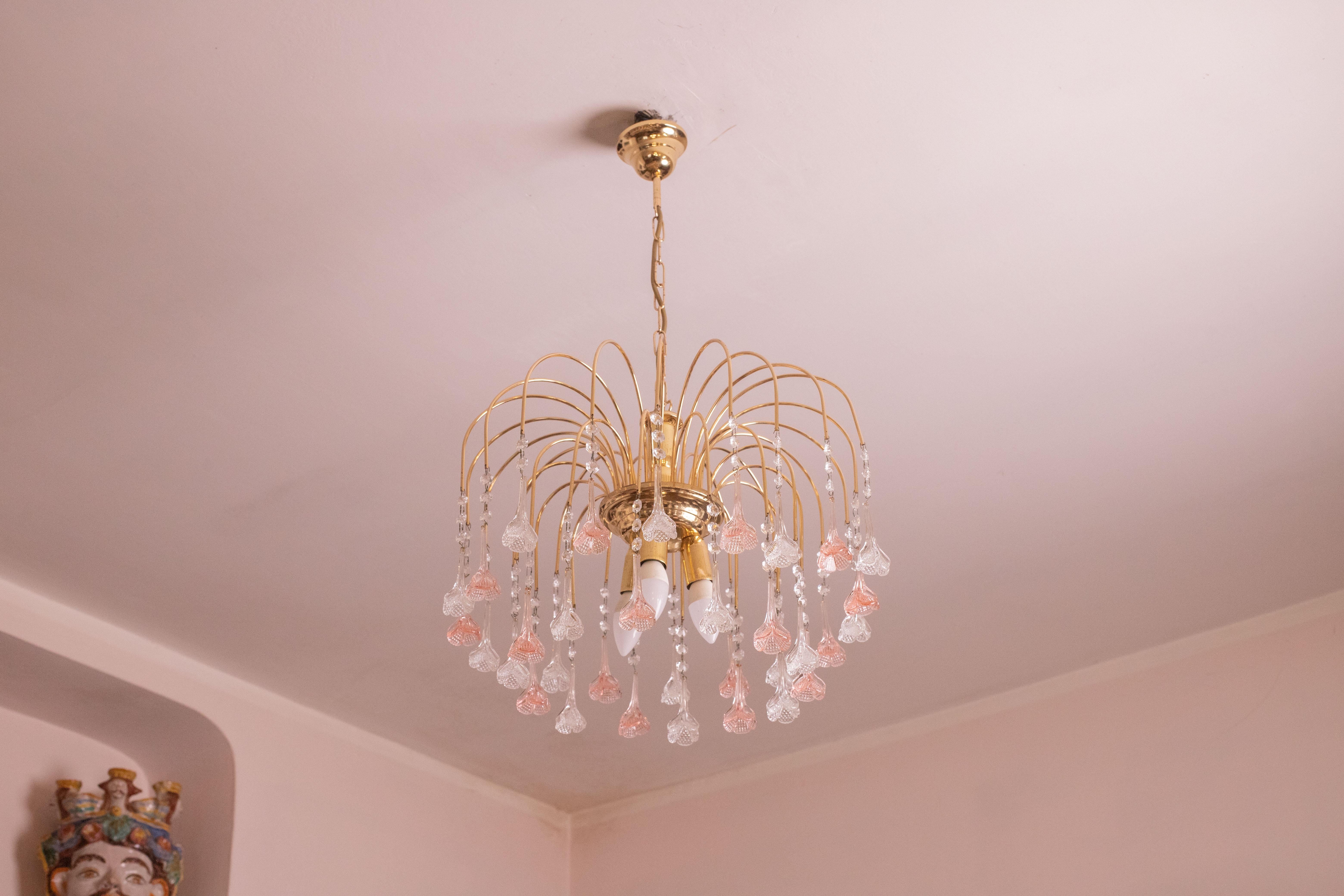 Brigitte Bardot, Pink and Trasparent Murano Flowers Chandelier, 1970s For Sale 3