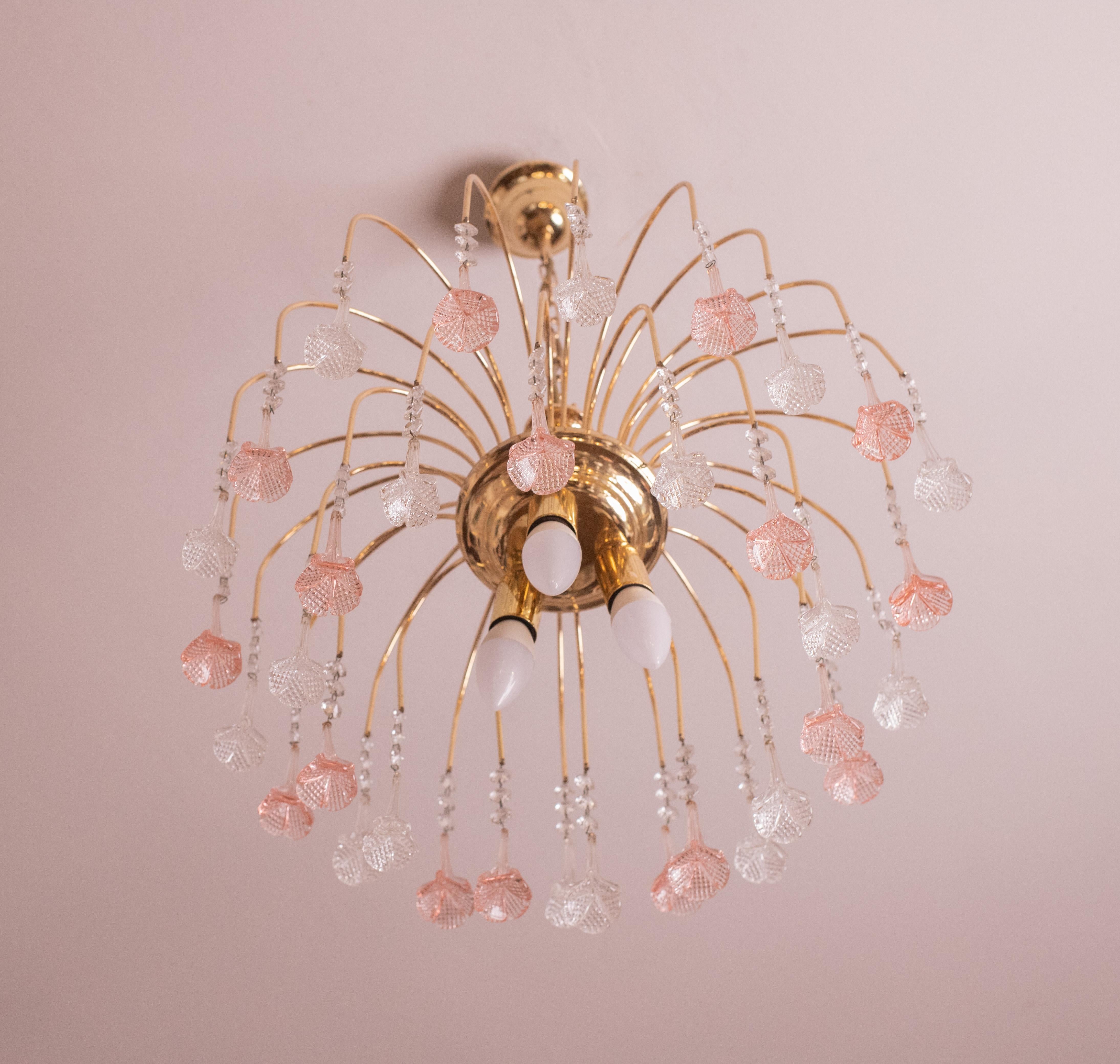 Brigitte Bardot, Pink and Trasparent Murano Flowers Chandelier, 1970s For Sale 4