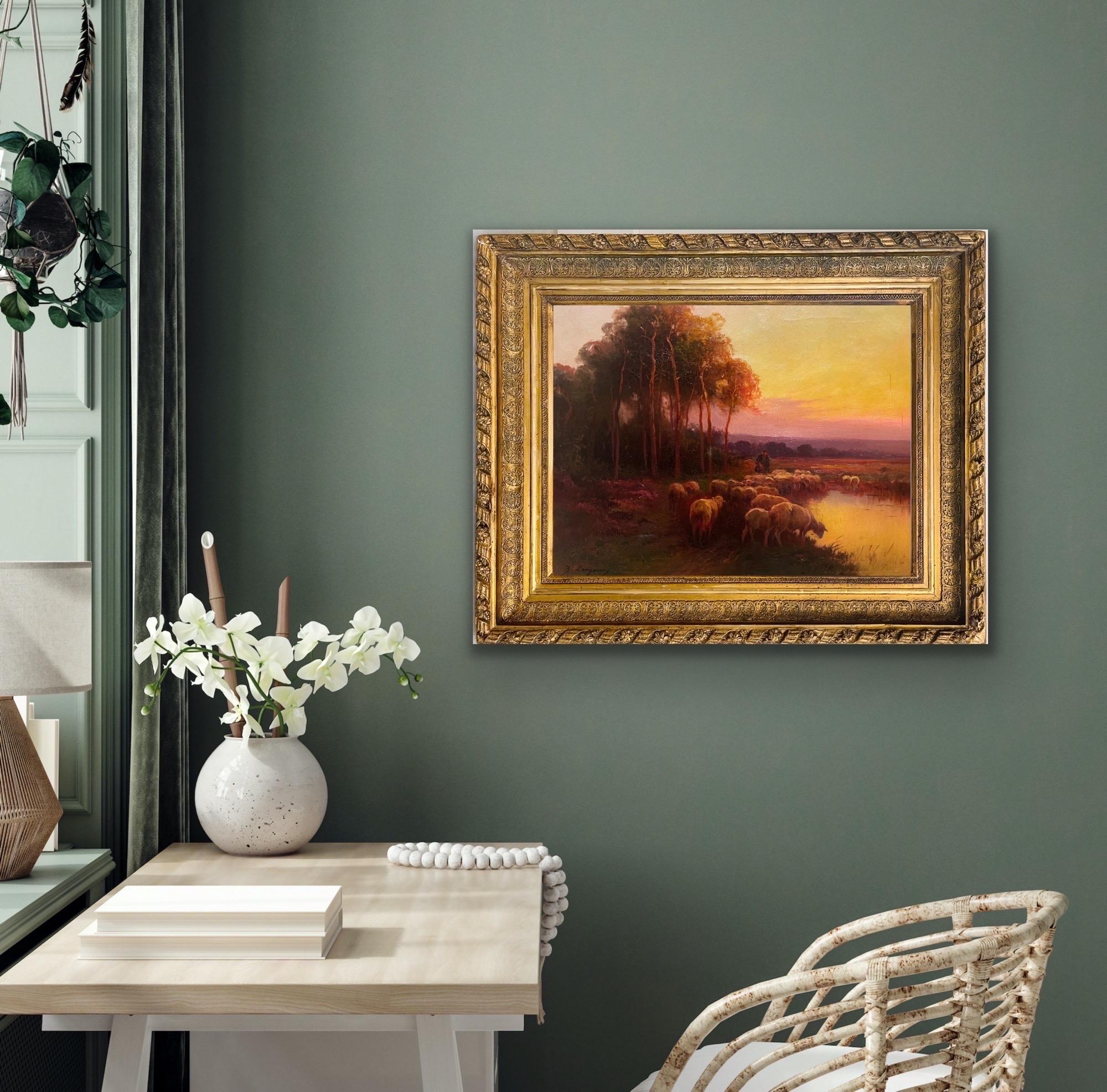 19th century French Romantic oil - A shepherd at sunset in the countryside 4