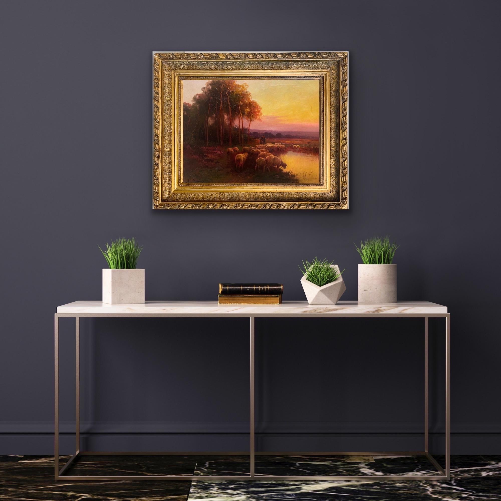 19th century French Romantic oil - A shepherd at sunset in the countryside 1