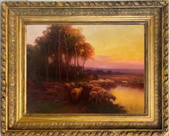 19th century French Romantic oil - A shepherd at sunset in the countryside