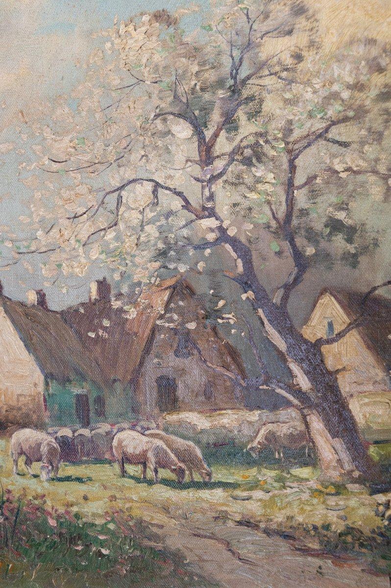 Landscape with blossom three, original antique oil on hardboard, French school - Painting by Brigitte Langevin